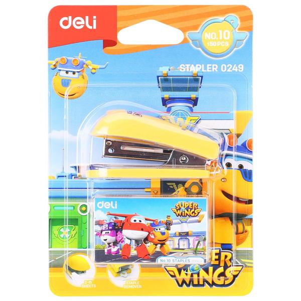 Bộ Bấm Ghim + Kim Bấm Số 10 Super Wings - Deli E0249 - Màu Vàng