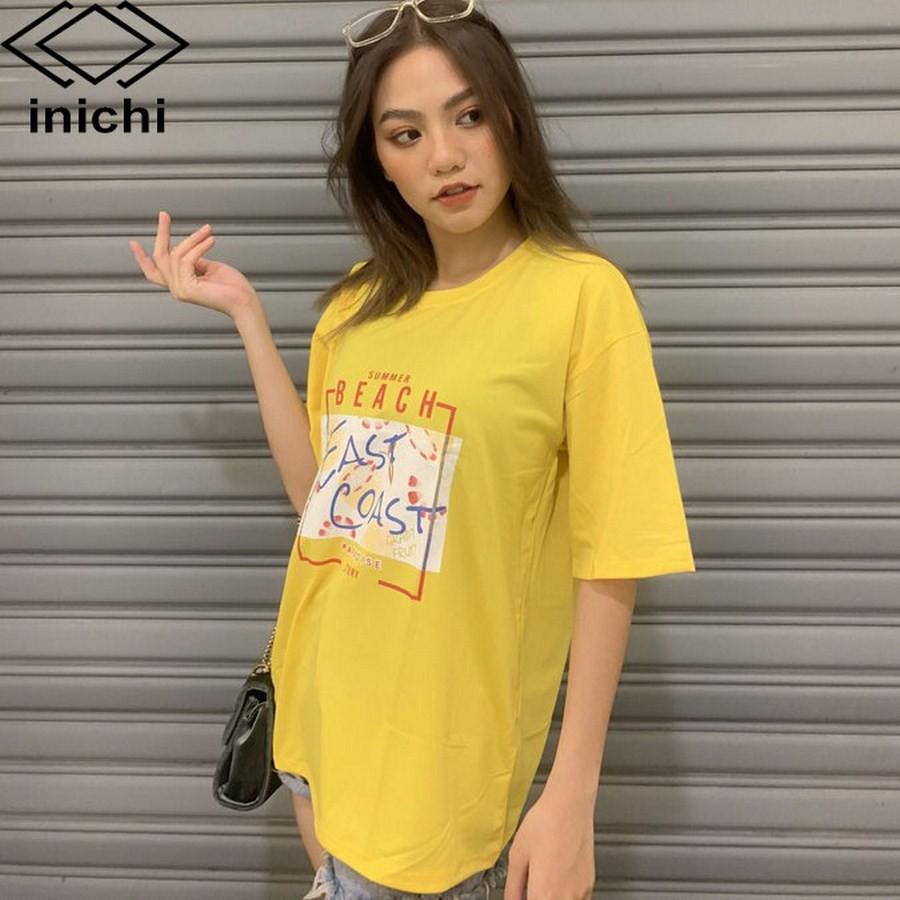 Áo thun tay lỡ INICHI phong cách Unisex nam nữ cá tính - in chữ BEACH - A658 màu vàng