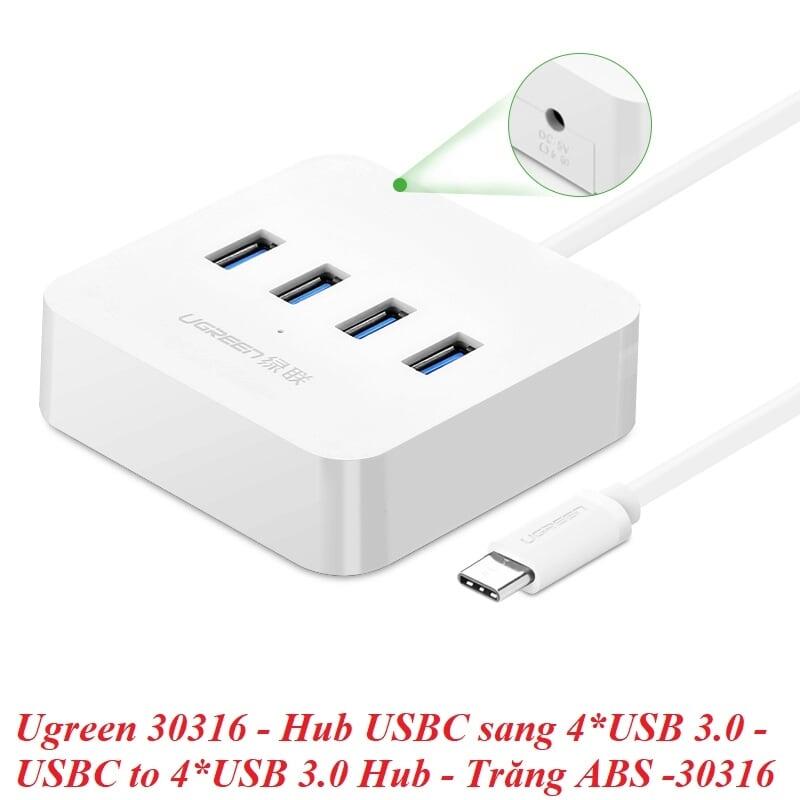 Ugreen UG3031630316TK Màu Trắng Bộ chuyển đổi TYPE C sang 4 USB 3.0 hỗ trợ nguồn + vỏ bọc nhựa ABS - HÀNG CHÍNH HÃNG