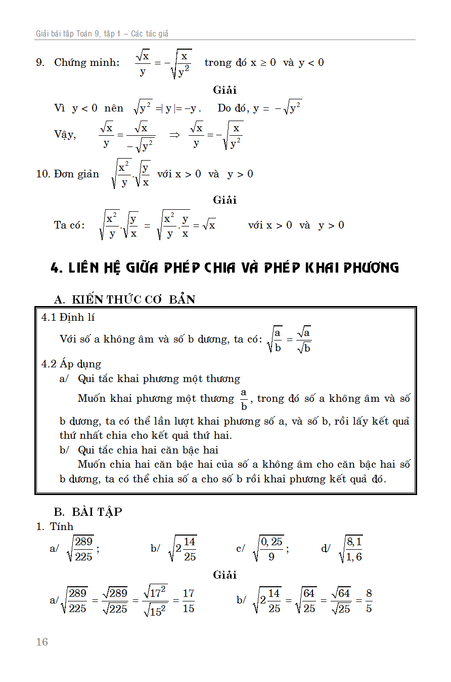 GIẢI BÀI TẬP TOÁN 9 TẬP 1_KV