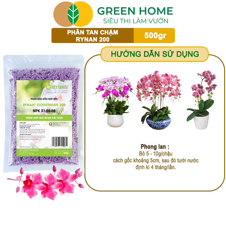 Phân Tan Chậm GreenHome, Rynan 200, Bao 500gr, Dành Cho Giai Đoạn Phong Lan Cây Con, Kích Chồi