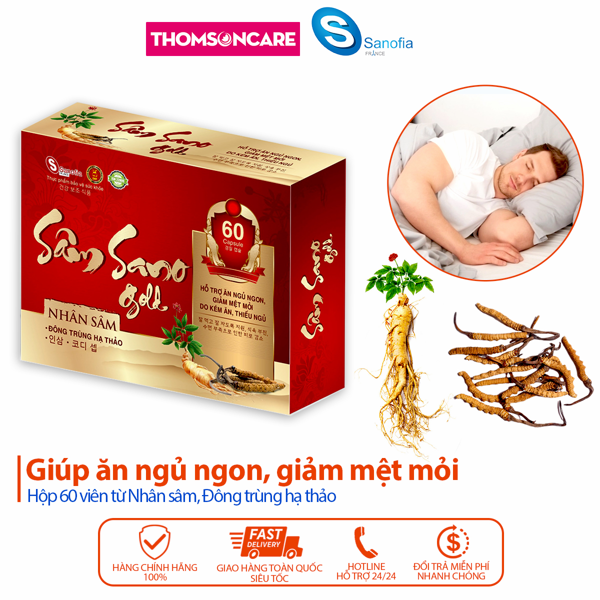 Viên ăn ngon Sâm Sano Gold Sanofia, giúp ăn ngon miệng, ngủ sâu giấc, giảm mệt mỏi từ nhân sâm - Hộp 60 viên Thomsoncare