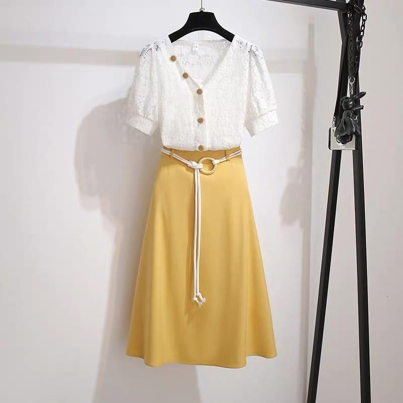 Set áo ren + chân váy kèm belt phong cách vintage Hàn Quốc