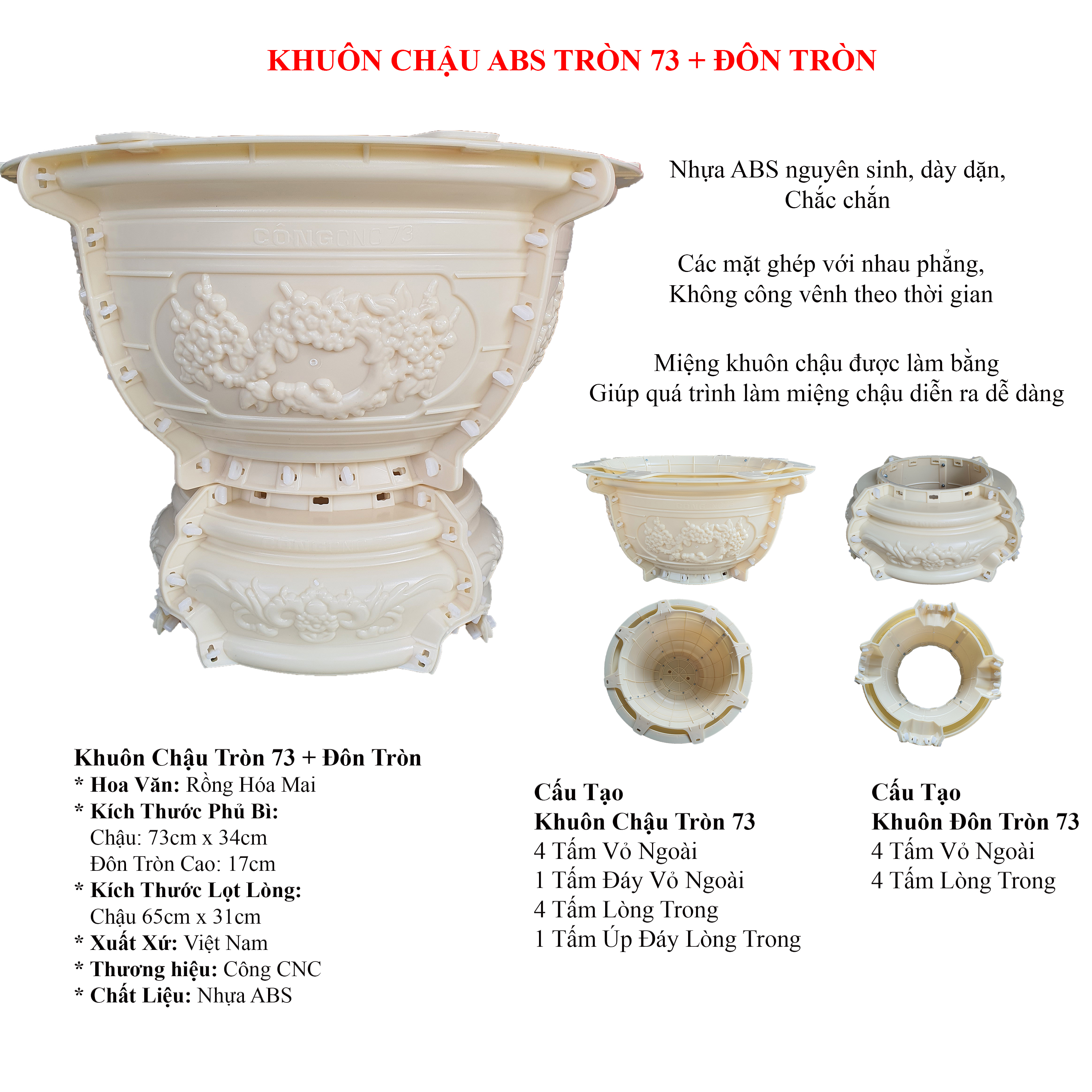 Khuôn Chậu Tròn 73 cm Kèm Đôn Tròn - Hàng Việt Nam, Chất Lượng Cao, Hoa Văn Sắc Nét Vượt Trội