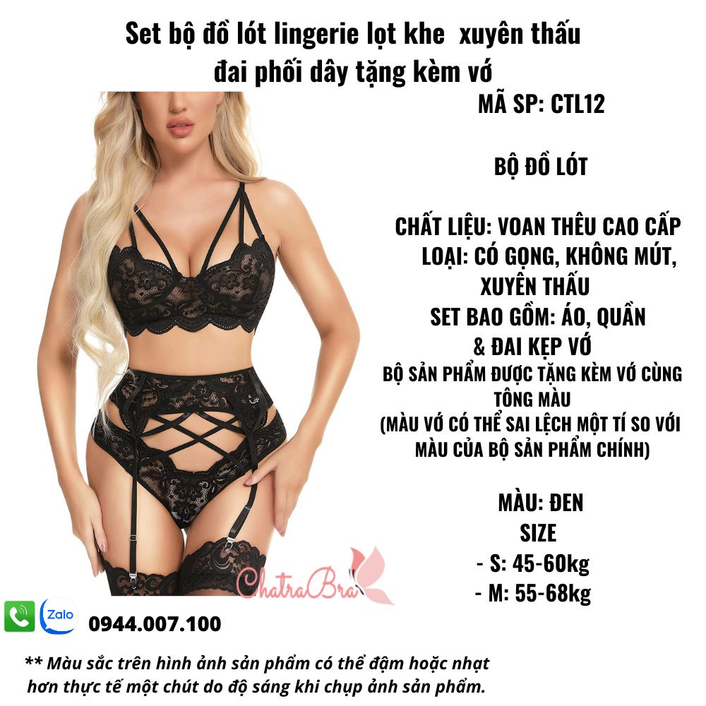 Hình ảnh Set bộ đồ lót lingerie lọt khe xuyên thấu đai phối dây tặng kèm vớ