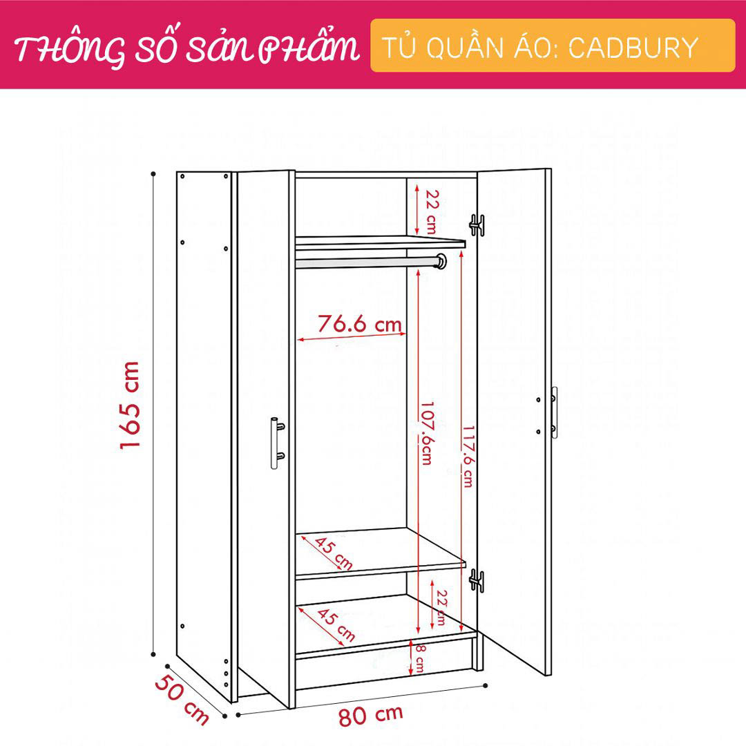 Tủ quần áo gỗ hiện đại SMLIFE Cadbury | Gỗ MDF dày 17mm chống ẩm | D80xR50xC165cm