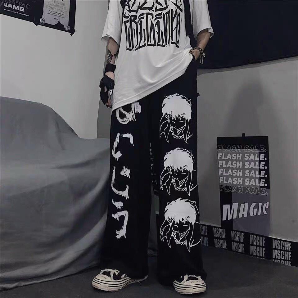 Quần DÀI Ống Rộng IN HÌNH SA.JA Ulzzang Unisex, ống loe cạp cao dài 100cm hack chân tôn dáng màu đen thời trang