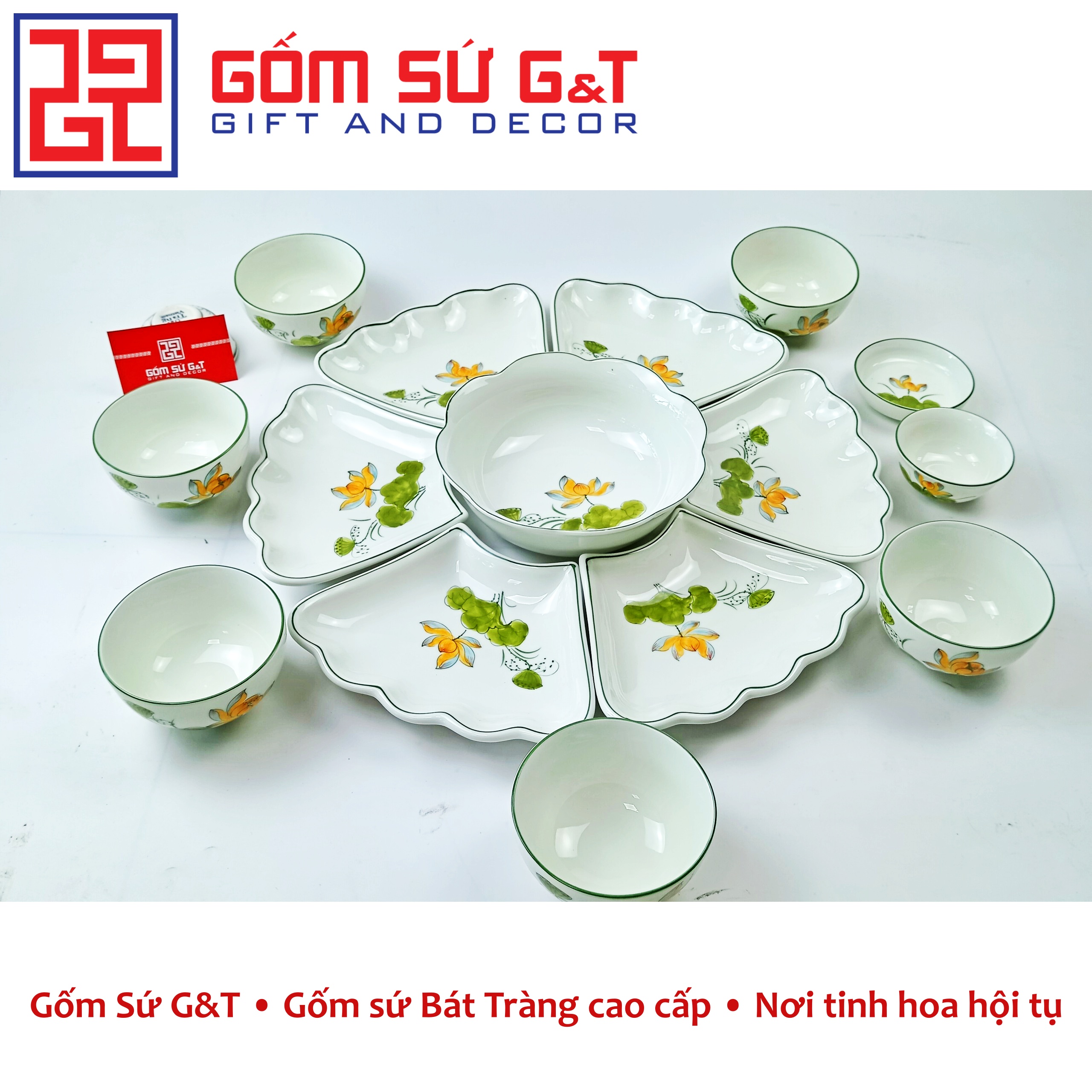 Bộ đồ ăn mặt trời men kem vẽ sen vàng Gốm Sứ G&amp;T