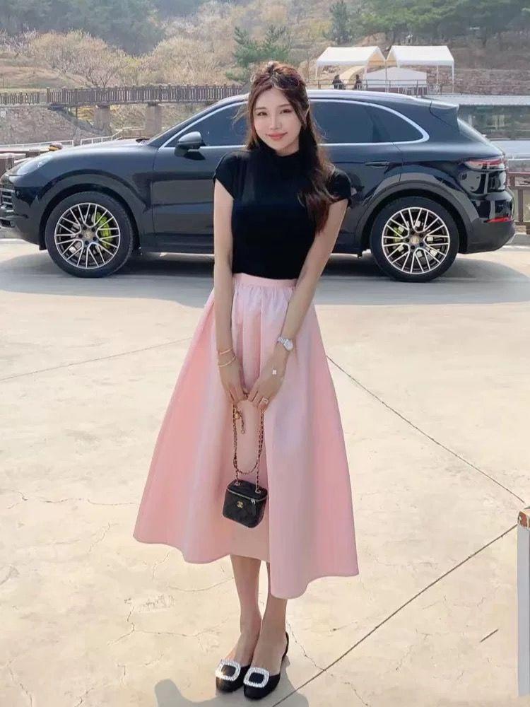 TOBE1SHOP Pháp Hepburn phong cách màu hồng nửa người váy nữ mùa hè eo cao váy dài chữ A nửa váy rộng dù váy nhỏ mùa hè