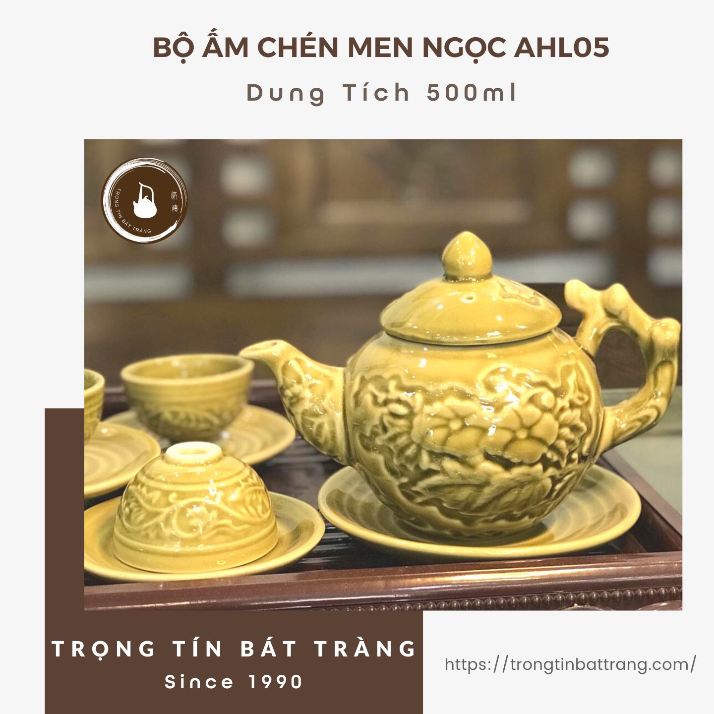 Bộ Ấm Chén Giả Cổ Thời Lý Bát Tràng Họa Tiết Hoa Phù Dung Dáng Thủy Bình Quai Đoạn Trúc Dung Tích 500ml AHL 05