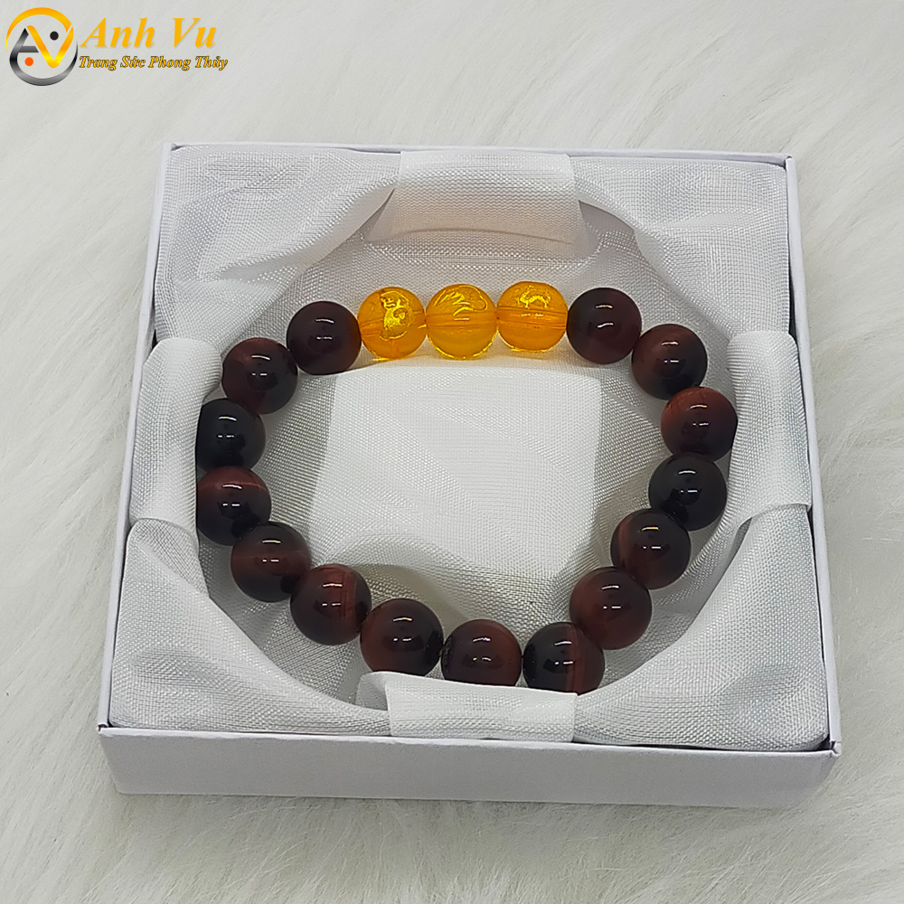 Vòng tay đá mắt hổ đỏ nâu tự nhiên - Vòng tam hợp quý nhân thân tý thìn - May mắn tài lộc