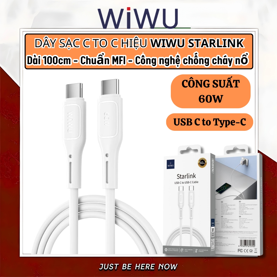 Dây cáp sạc nhanh 60W USB-C to PD Type C Hiệu WIWU Starlink - Chuẩn sạc MFI, chống rối, đầu cáp siêu bền, công nghệ AI chống cháy nổ iP 15 16 Pro Max iPad Pro S21 S22 S23 S24 Redmi cho Oppo - Hàng nhập khẩu