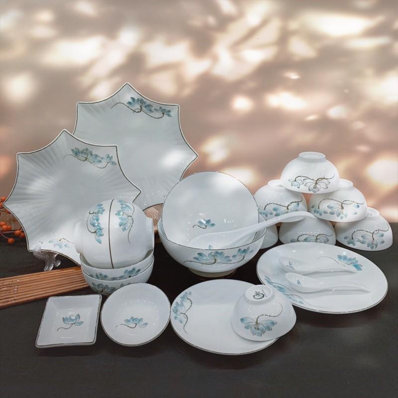 Bộ bát đĩa gốm sứ Bát Tràng, họa tiết hoa sen xanh(20-25 món)