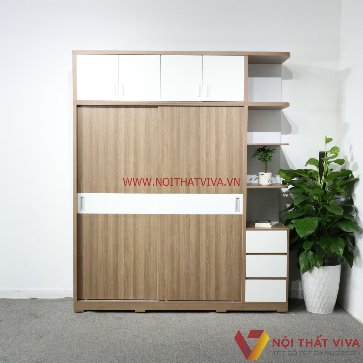 Tủ Áo Lùa Kịch Trần Gỗ MDF Melamine Màu Nâu Chỉ Trắng Cao Cấp