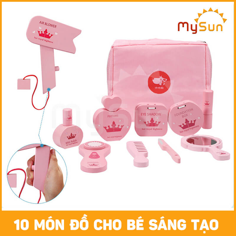 Bộ vali đồ chơi TRANG ĐIỂM trẻ em bằng GỖ như thật cho bé tặng có túi vải MySun