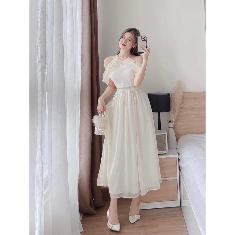 Váy đầm nữ màu trắng dự tiệc dáng xòe cổ tròn đính cườm kiểu trễ vai cực duyên dáng và thanh lịch