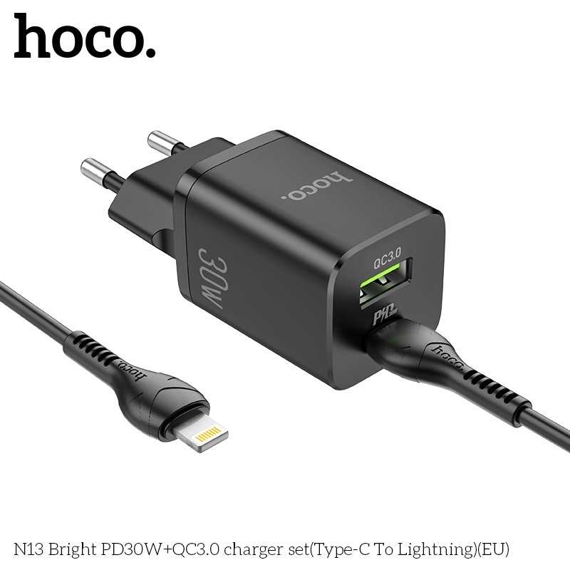 Bộ củ cáp sạc nhanh 30W Hoco N13 Dành cho Iphone hỗ trợ 2 cổng sạc nhanh ( Type C-USB) -Hàng Chính Hãng