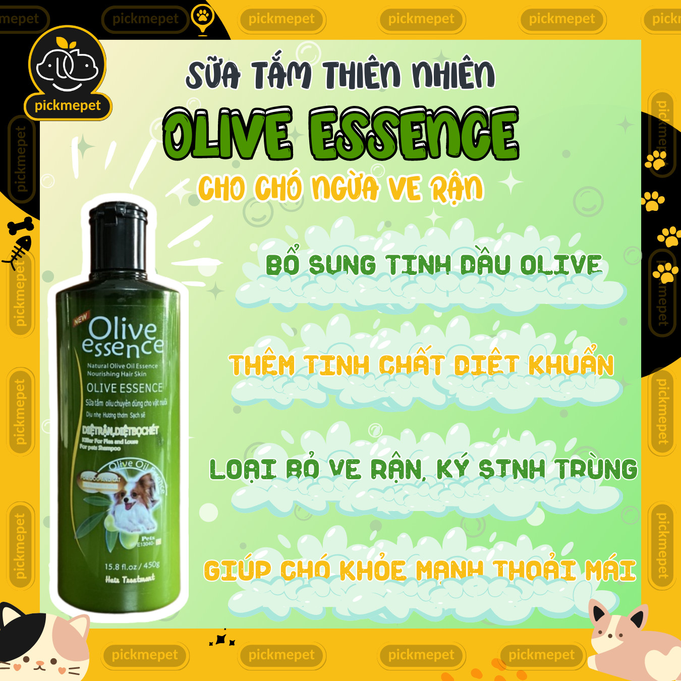 Sữa tắm cho Chó Mèo Olive Essence 450ml |Oliu |Ôliu |Ô liu - Poodle, Lông trắng, Lông tối màu, Dưỡng lông, Mềm mượt