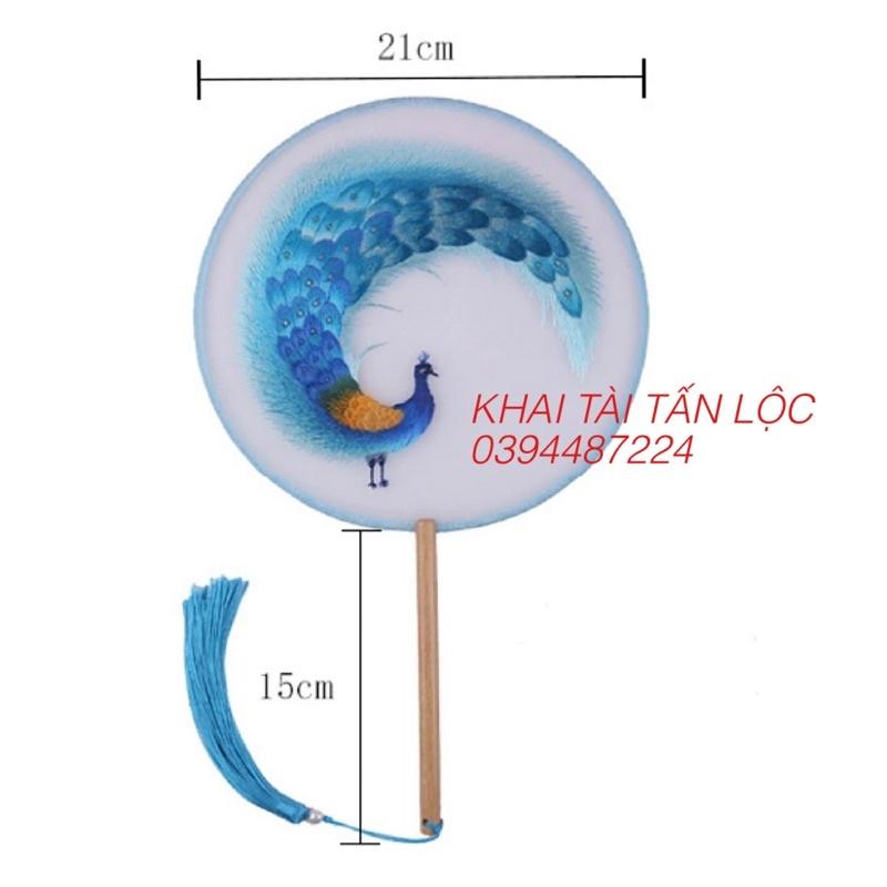 Quạt tròn cổ trang Tô Châu thêu chim công 2 mặt