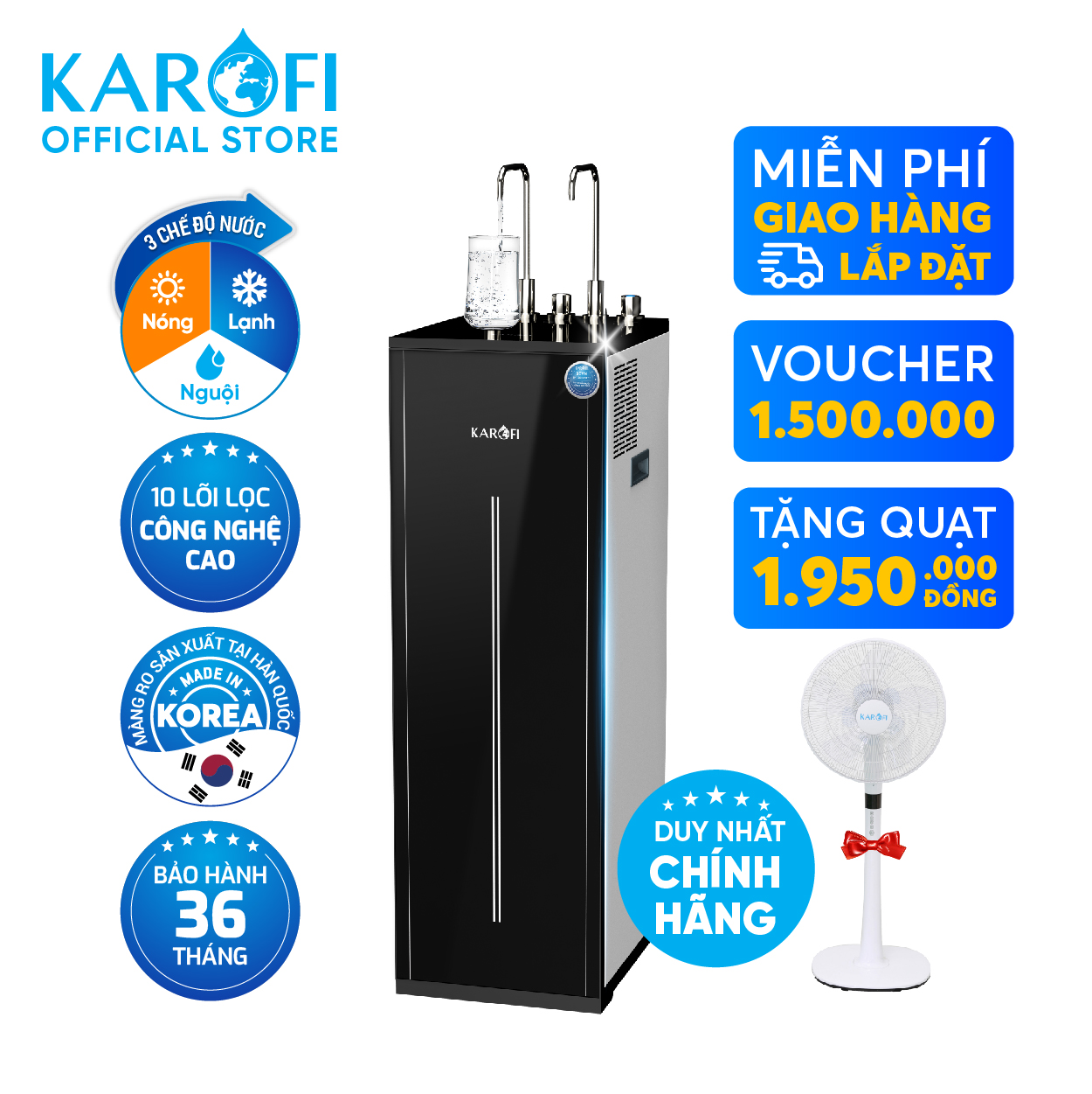 Máy lọc nước nóng lạnh 2 vòi 3 chế độ 10 lõi công nghệ Block Karofi KAD-L56 - Lắp đặt toàn quốc - Hàng chính hãng