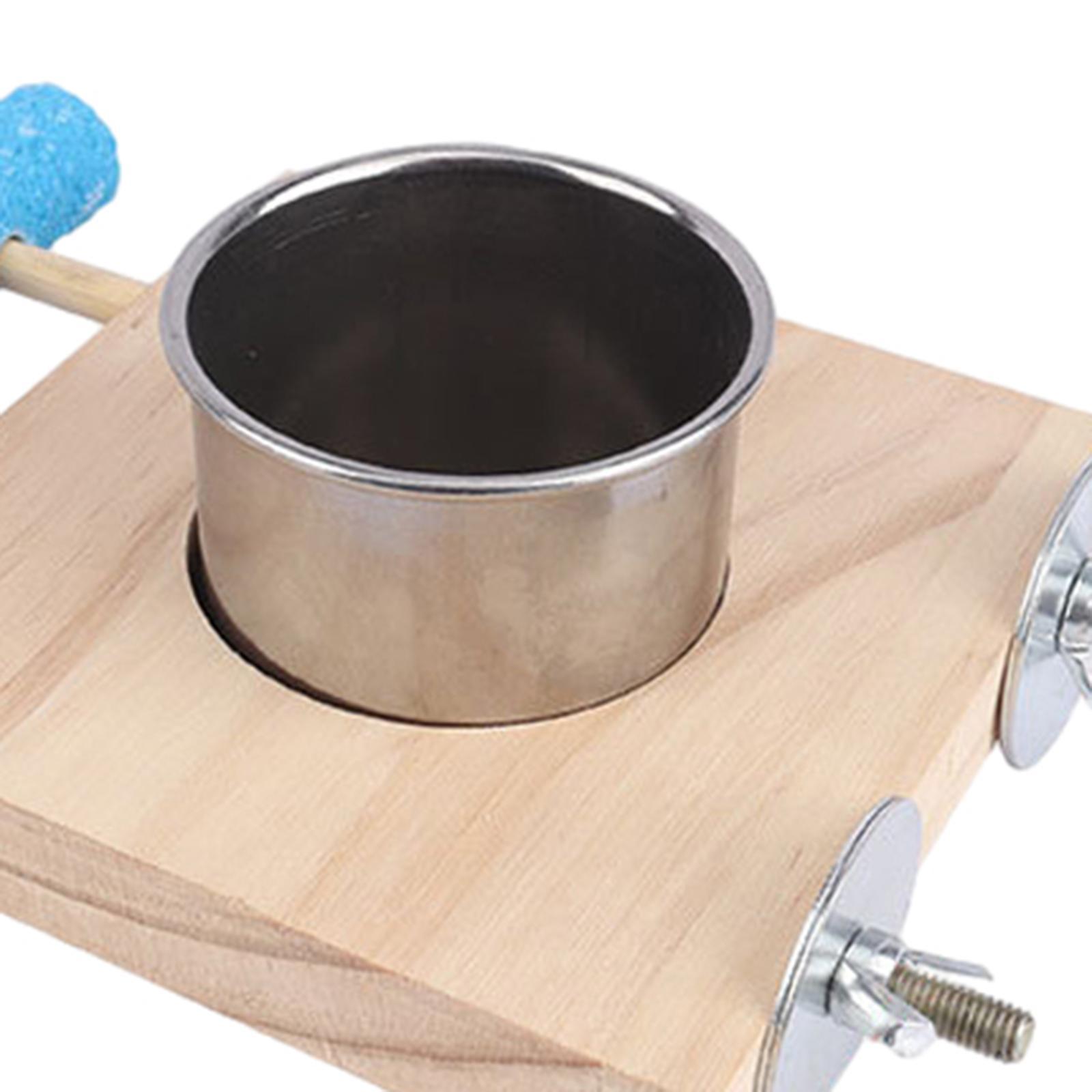 Parrot Cage Feeder Bird Wooden Stand Stainless Steel Cups Bird Cage Feeder Bowl Parrot Food and Water Bowls for Small Animal Budgie