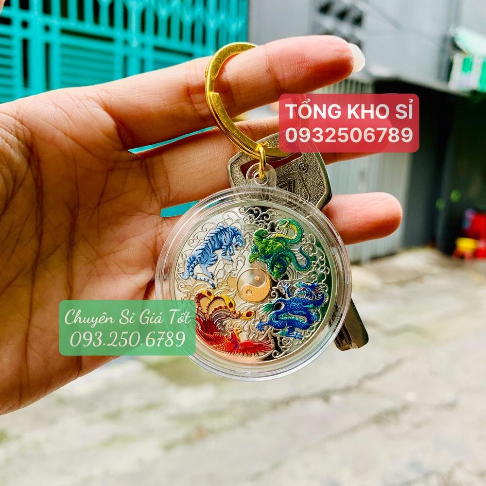 Móc khóa nhà, xe máy Đồng Xu Tứ Linh In Màu 3D Phong Thủy May Mắn, kèm Túi Gấm Đỏ - PASA COLLECTION