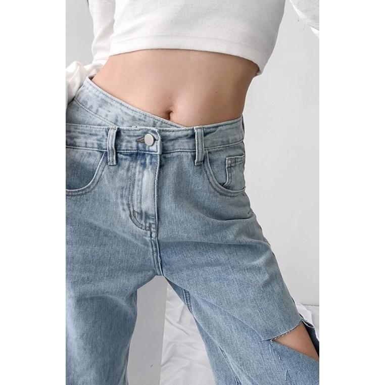 Quần Jeans Nữ Lưng Cao Cạp Chéo Rách Đùi Sành Điệu 8028