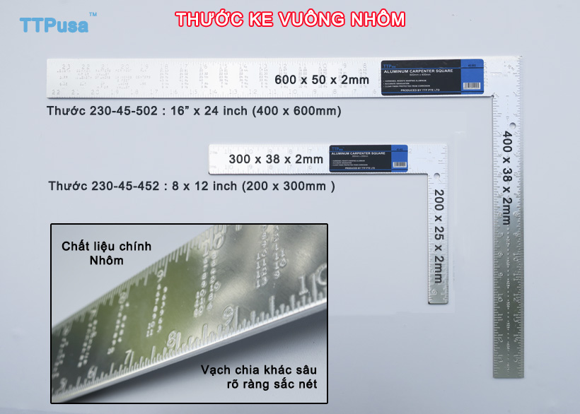 THƯỚC KE VUÔNG NHÔM TTPusa - Thước ke vuông nhôm 200 x 300mm TTPusa 230-45-452