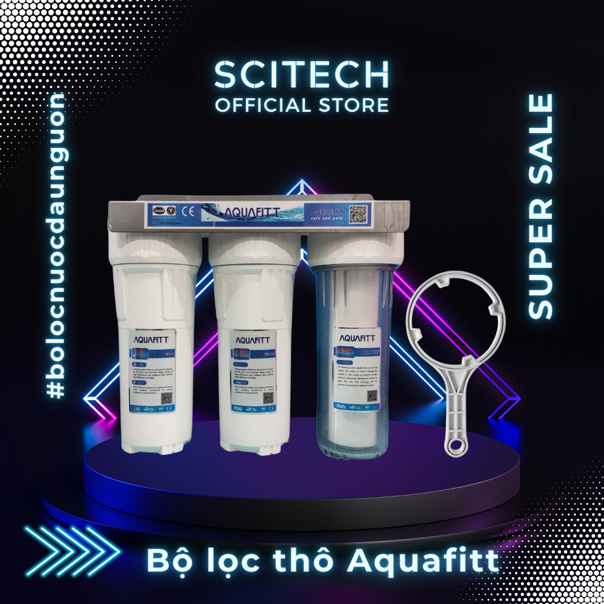 Bộ lọc nước sinh hoạt, bộ ba lọc thô 10 inch Aquafitt by Scitech (3 cấp lọc) - Hàng chính hãng