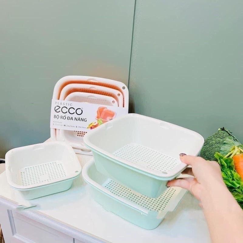 Bộ rổ kèm thau chậu nhựa vuông 6 món, Set 3 rổ 3 thau chậu đựng thực phẩm tiện lợi Ecoco
