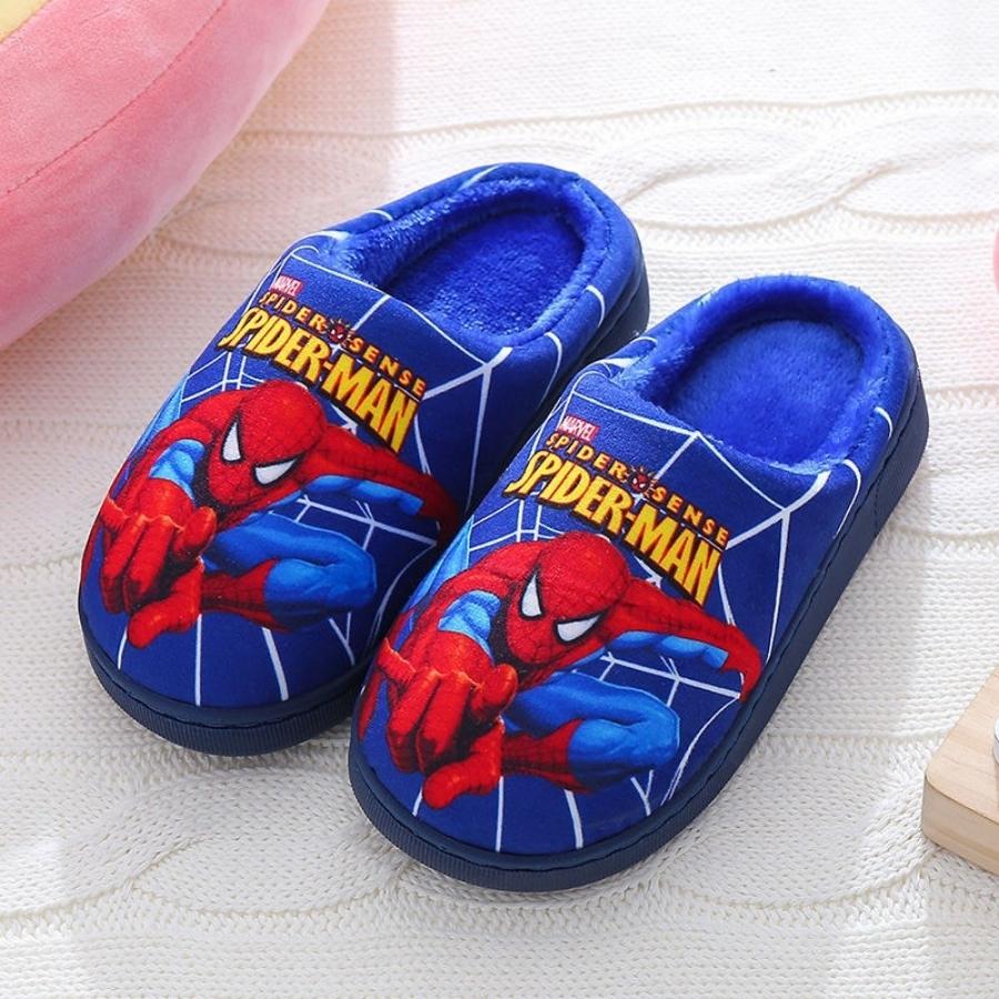 Dép bông cho bé trai đi trong nhà lót lông siêu mềm đế cao su dẻo chống trơn họa tiết siêu nhân spiderman thời trang D46