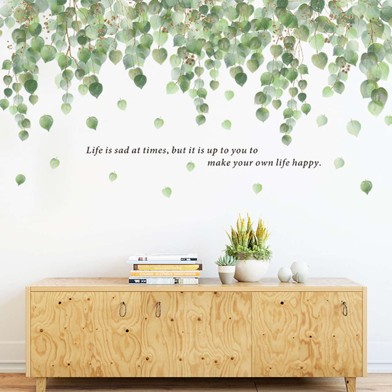 -Decal dán tường trang trí phòng khách- Giàn lá xanh tươi mát