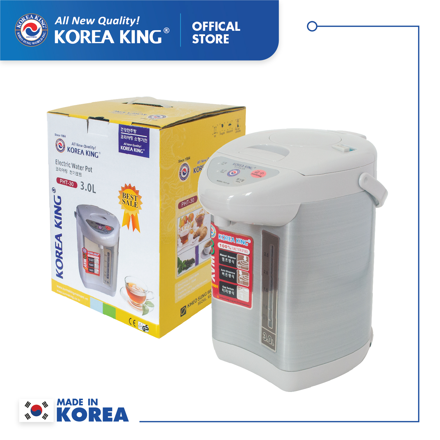 Bình thủy điện Korea King PHT-30 (điện áp 220v/50Hz, công suất 750W, dung tích: 3.0L) - Hàng chính hãng