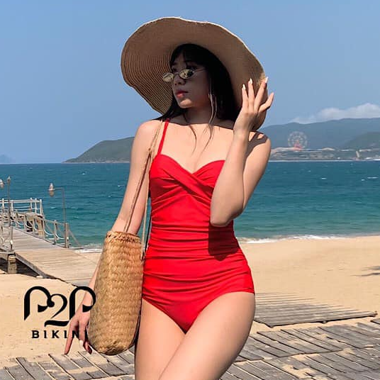 P2P BIKINI - Monokini hai dây push up nhún bụng đỏ - MN370HT_HD1