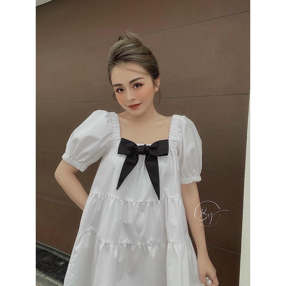 Đầm váy trắng dáng xòe cổ vuông thắt nơ siêu dễ thương, thời trang nữ dạo phố, dự tiệc