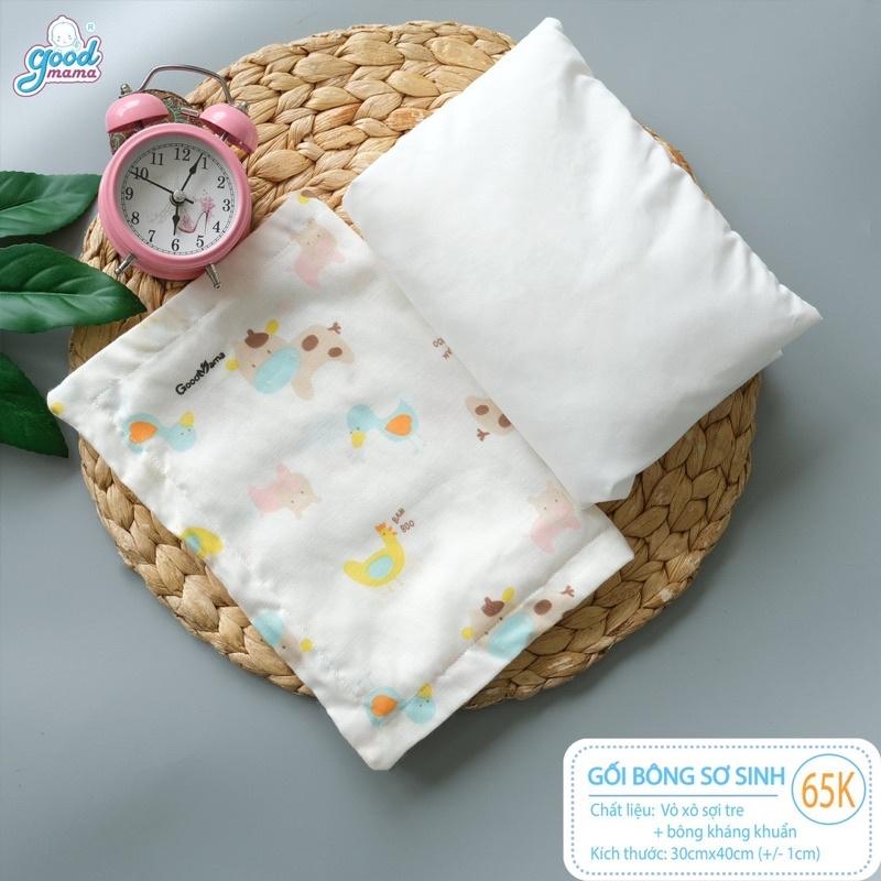 Gối Bông Sơ Sinh Cho Bé  vỏ xô sợi tre, bông microfiber kháng khuẩn tự nhiên