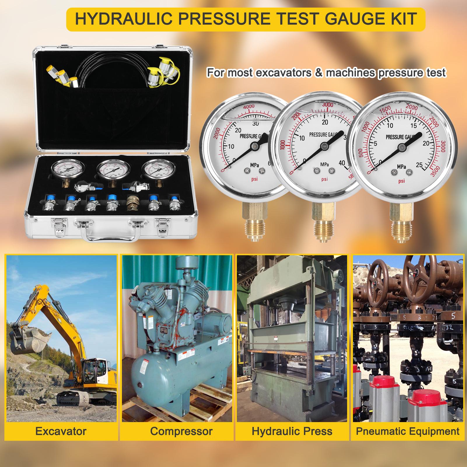 Hydraulic Pressure Gauge Kit Excavator Hydraulic Pressure Meauring Device with 9 Couplings 3 Pressure Gauges 3 Test Hose for Excavator Construction Machinery