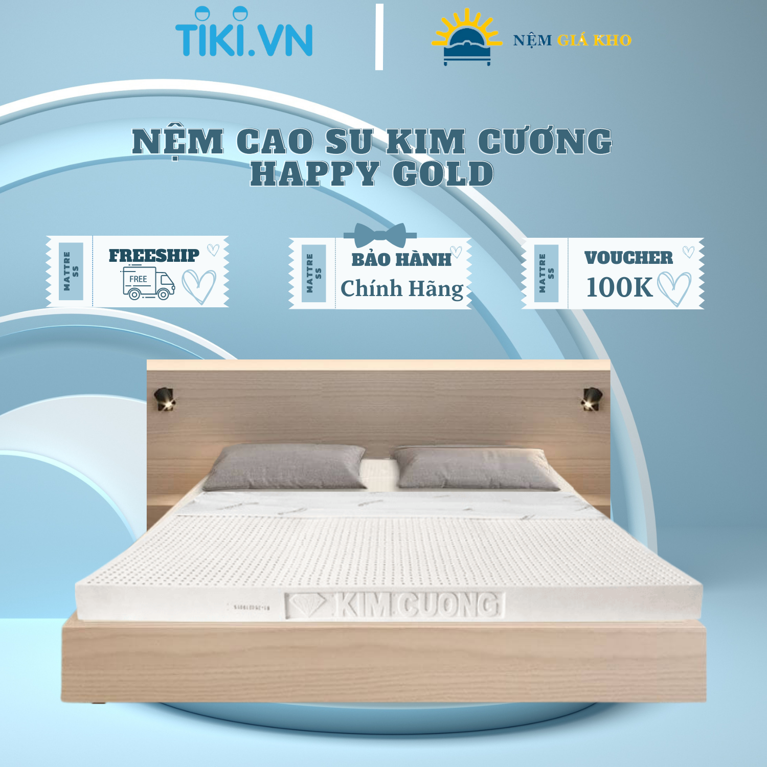 Nệm cao su Kim Cương Happy Gold 100% cao su thiên nhiên, đàn hồi cao, nâng đỡ cơ thể tối ưu, bảo vệ da khỏi dị ứng