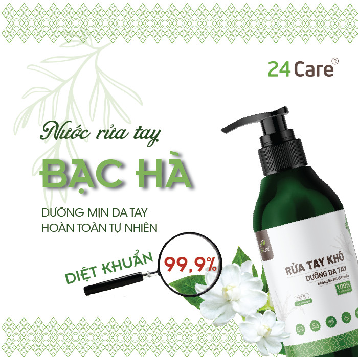 Nước rửa tay khô tinh dầu Bạc Hà 24Care - Có chứng nhận diệt khuẩn 99,9% đạt tiêu chuẩn FDA