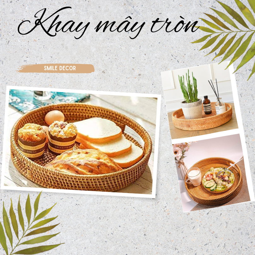 Khay Mây, Khay Trà Tròn Có Lỗ Tay Cầm Smile Decor