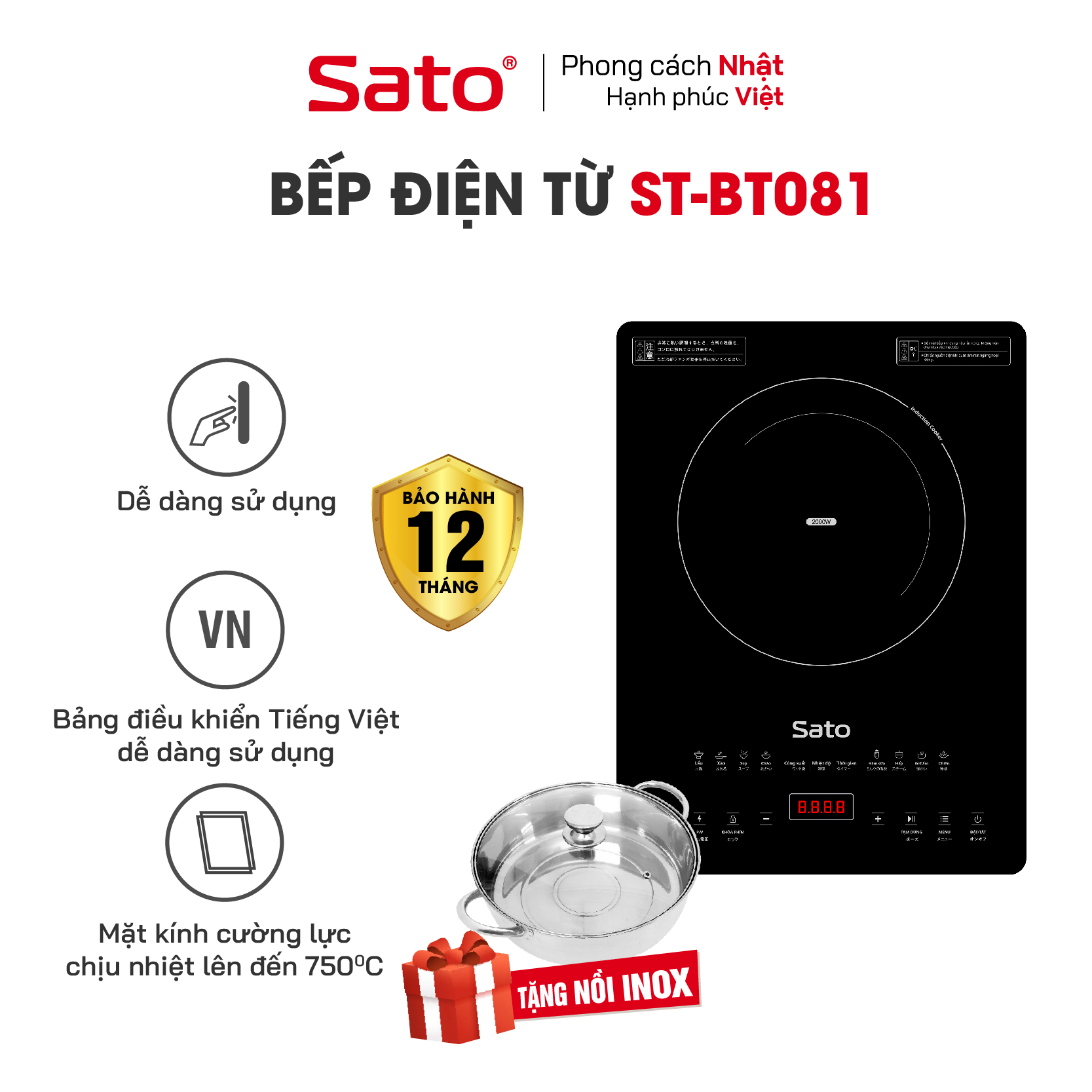 Bếp từ đơn Sato BT081 - Mặt kính cường lực cao cấp chống xước, chịu nhiệt lên tới 750 °C độ bền cao và an toàn tuyệt đối - Miễn phí vận chuyển toàn quốc - Hàng chính hãng