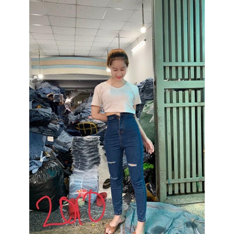 QUẦN JEAN ÔM XANH ĐẬM RÁCH GỐI, CẠP SIÊU CAO