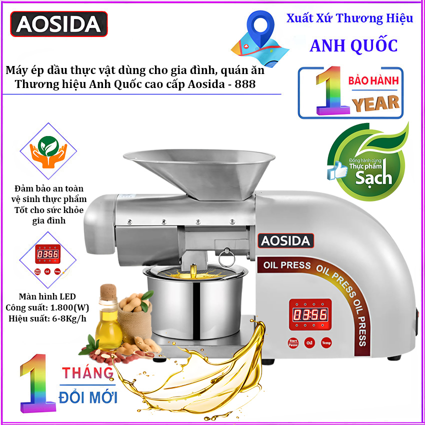 HÀNG CHÍNH HÃNG. Máy ép dầu thực vật dùng cho gia đình, quán ăn. Thương hiệu Anh Quốc cao cấp Aosida - 888- công suất 1800W