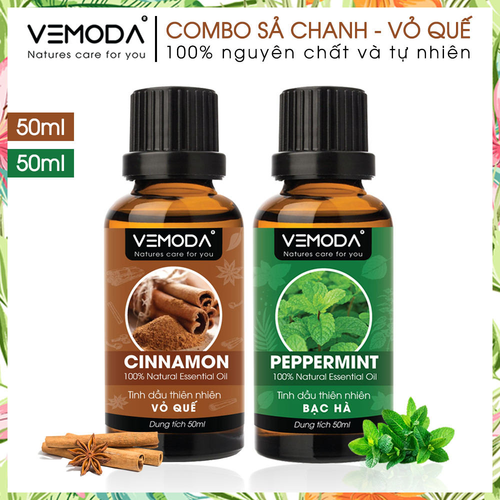 Tinh dầu xông phòng cao cấp gồm 2 chai tinh dầu nguyên chất: tinh dầu Bạc hà + tinh dầu Vỏ quế Vemoda
