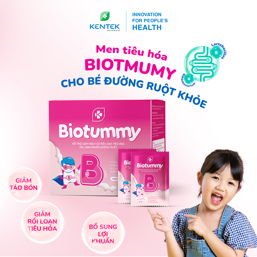 Thực phẩm bổ sung lợi khuẩn đường ruột, giảm rối loạn tiêu hóa, táo bón do loạn khuẩn đường ruột cho bé BIOTUMMY | Kentek Pharma | Gói 3g, Hộp 30 gói