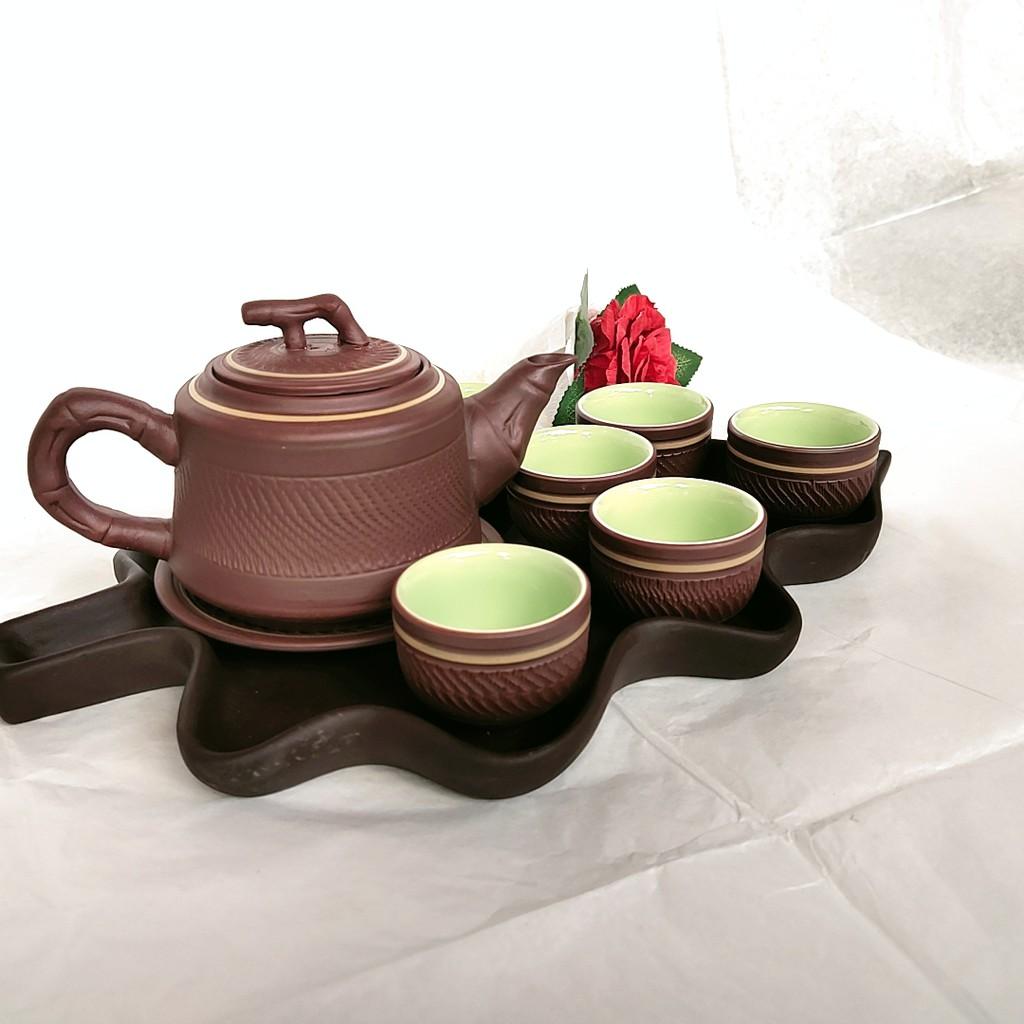 Gốm tử sa Bát Tràng - Bộ ấm chén tử sa quai trúc vai vuông khay hình lá tuyệt đẹp - Dung tích 350 ml