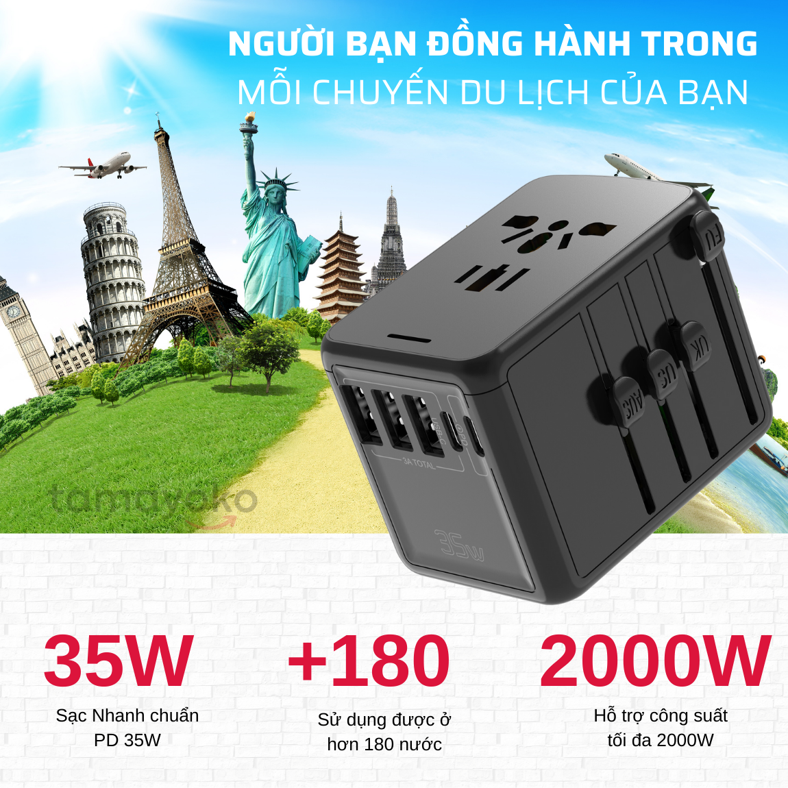 Ổ cắm điện Tamayoko sạc nhanh PD 35W Type C + USB cắm tải 2000W cho điện thoại/máy tính/ thiết bị gia dụng cỡ nhỏ