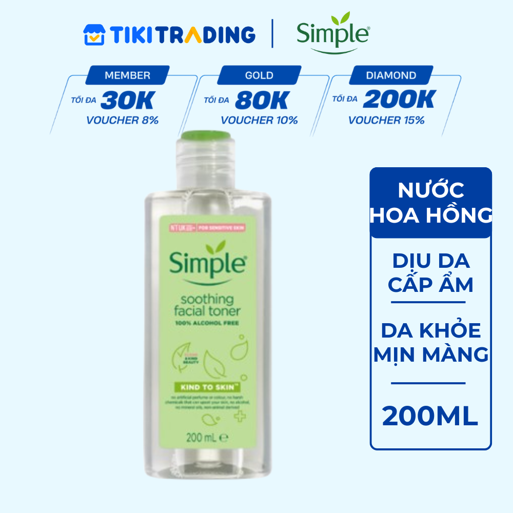 Nước hoa hồng Simple Toner làm dịu và cân bằng độ ẩm cho da - lành tính không chứa cồn 200ml [Chính hãng độc quyền]