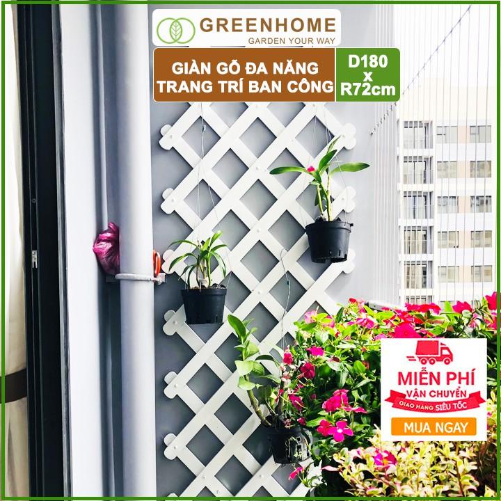 Giàn gỗ treo ban công, R72xC180cm, gỗ tràm siêu bền, màu gỗ, co giản được, làm khung hoa hồng leo, bông giấy |Greenhome