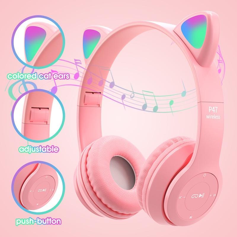 Tai Nghe Bluetooth 5.0 Không Dây P47 Có Đèn LED Hình Tai Mèo Có Thể Sạc Lại